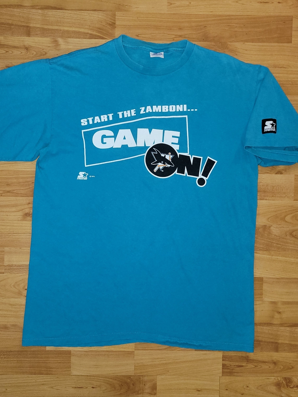 Vintage STARTER San Jose Sharks NHL "Game On" Teal Graphic Tee, Mens Large